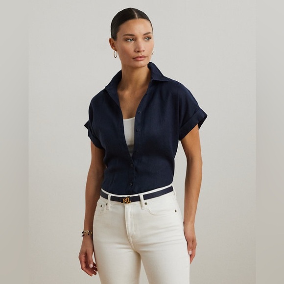 Lauren Ralph Lauren Tops - Lauren Ralph Lauren Navy Relaxed Fit Linen Short-Sleeve Shirt Size Small